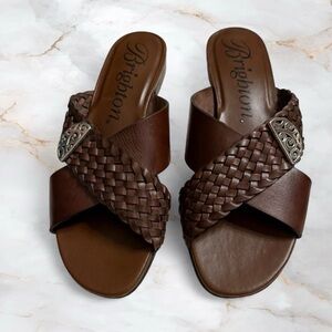 Brighton Neve Brown Leather Braided Slide Mules with Silver Embellishment